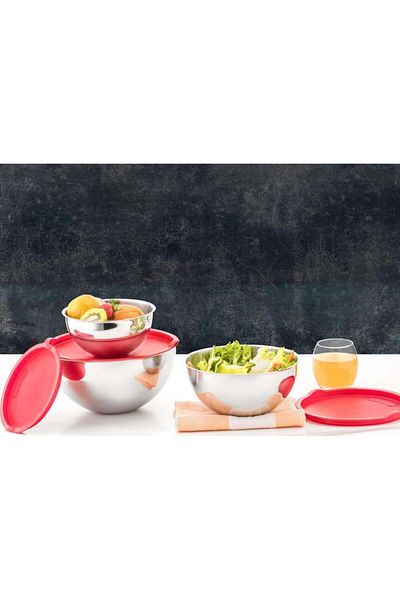 Evimsaray 3-Piece Stainless Steel Embroidered Storage and Mixing Set - Naz Red