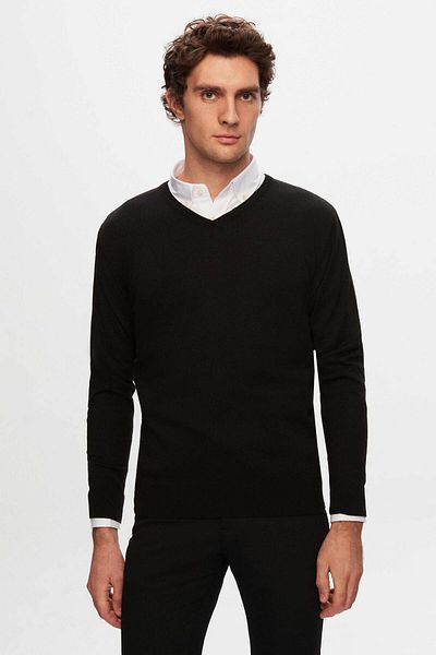 D'S Damat Ds Damat Slim Fit Черен памучен трикотаж и риза от 2 части с V-образно деколте