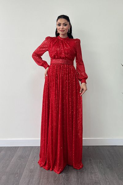 giyimmasalı Red Kilos Dress - Sequins Tulle Sequin and Drawstring Detail