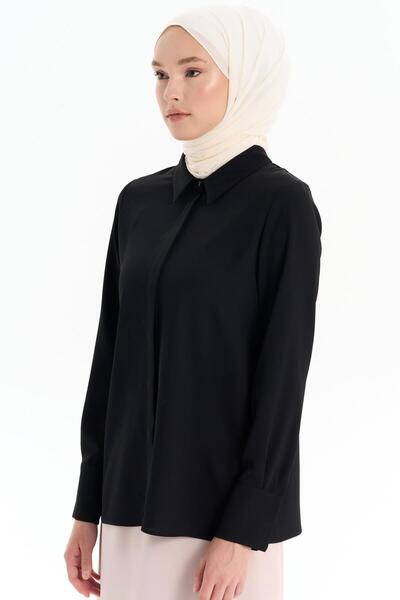 Tuğba Gizli Patlı Basic Gömlek - Siyah