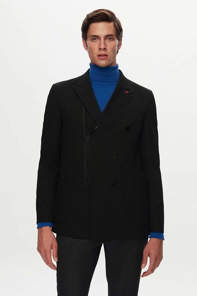 Twn Jachetă din stofă dublu cu fermoar din gabardină neagră, slim fit