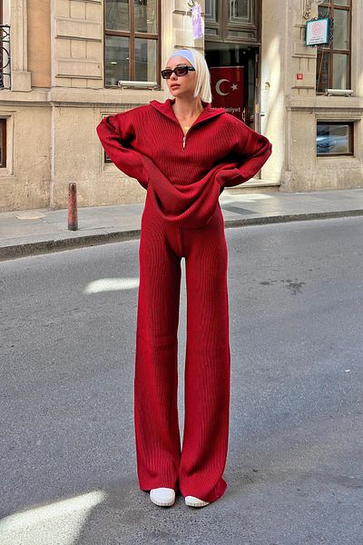 Swist Rotes Oversize-Strickpullover- und Hosen-Set für Damen – halber Reißverschluss