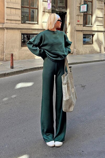 Swist Yeşil Bisiklet Yaka Oversize Kazak-Pantolon Örgü Kadın Alt-Üst Takım