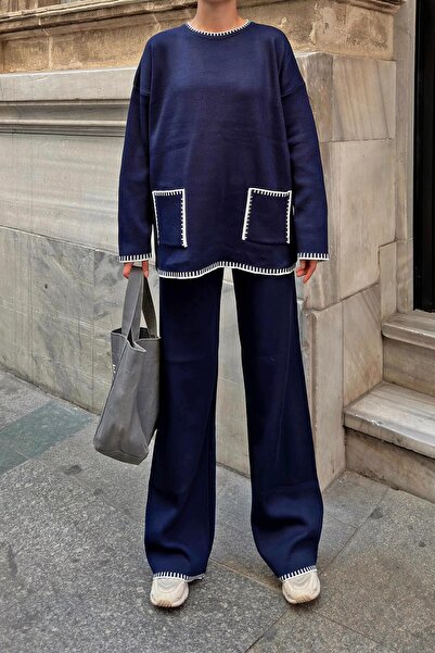 Swist Темно-синій светр і штани оверсайз комплект Coban Шиття з подвійною кишенею