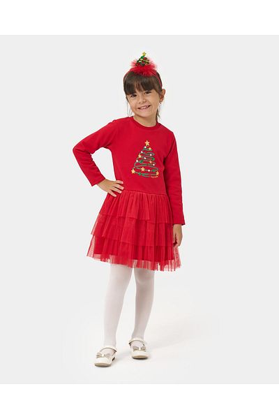 Magu Girl's Red Printed Tiers Tulle New Year Christmas Dress with Crown