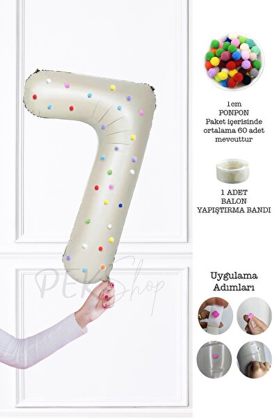 PEKSHOP Rengarenk Ponpon Süslemeli Retro Krem Yaş Balonu 80cm