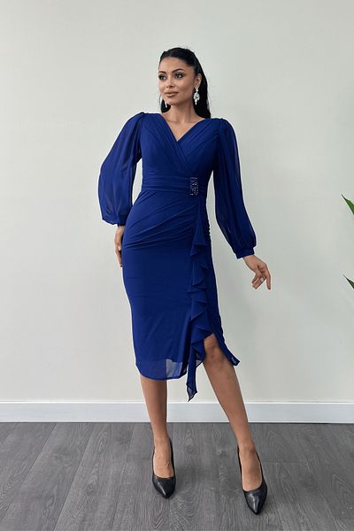 giyimmasalı Chiffon Fabric Flywheel Detail Pencil Dress - Sax Blue