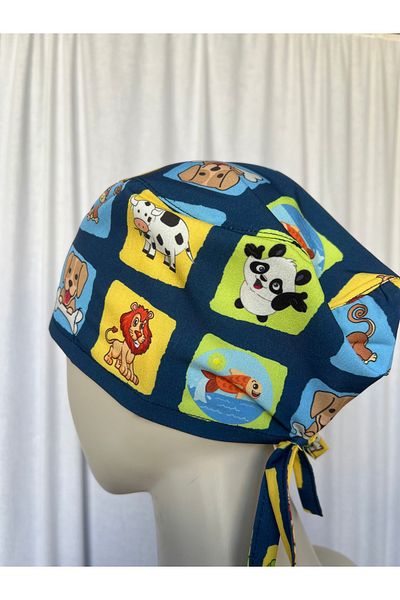 monotıp Doctor Nurse Cap - Bandana, Cerahi Bonnet, Animal Icon, Blue