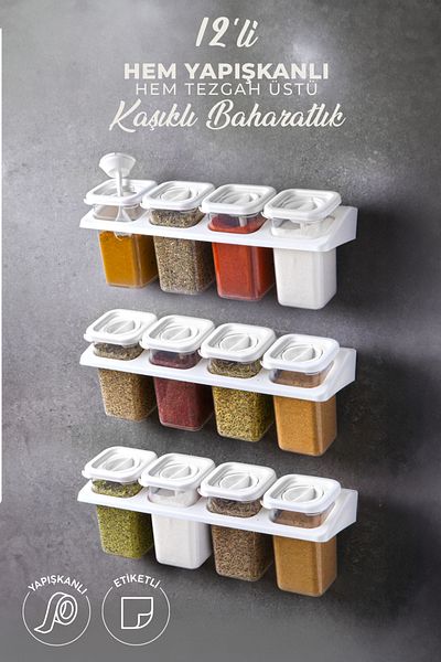 Kitchen Life 12-Piece Food Container Set - Square Spice Bowl Set with Labels, Stand, Lock and Adhesive