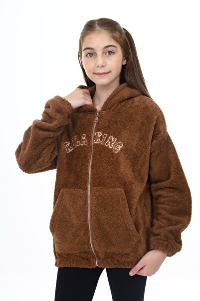 Toontoy Girl's Hooded Zippered Pockets Off Shoulder Embroidery Printed Plush Cardigan