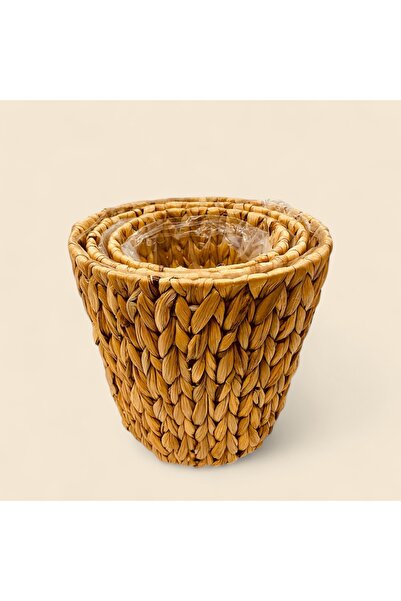 ELZEY HOME Hasır Örgülü İçi Naylonlu Yuvarlak 3'lü Dekoratif Saksılık