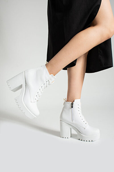 Gökçe Shoes Vanessa Beyaz Platform Taban Bağçıklı Kadın Topuklu Bot