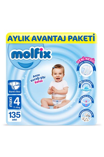 Molfix Size 4 Maxi Baby Diapers - 135 Monthly Avn. Package