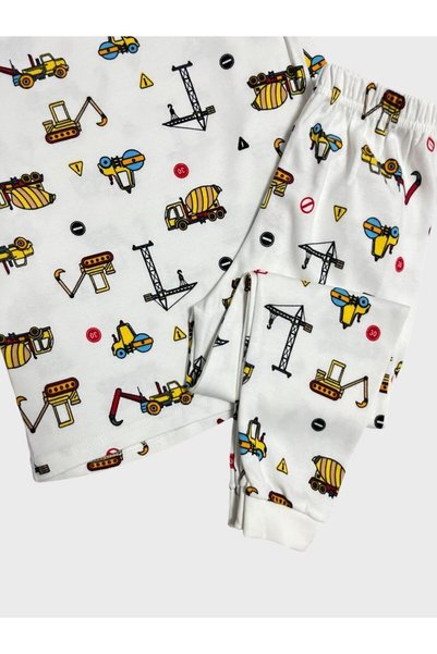 elmas kids Boy's 100% Cotton White Work Machine Print Long Sleeve Winter Pajamas Set