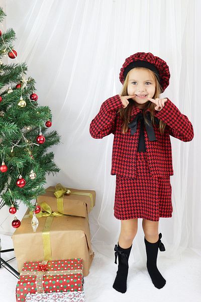 Parla Kids Girl's Martha Red Black Houndstooth Patterned Long Sleeve Bottom Top Skirt Jacket Set