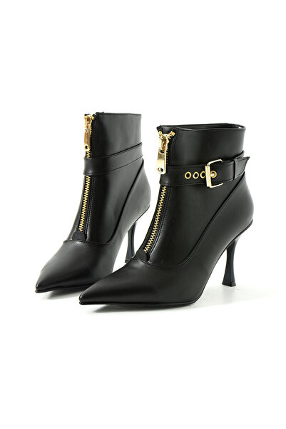 Gökçe Shoes Yazmin Siyah Önden Fermuarlı Tak Çıkar Kemer Detay Kadın Topuklu Bot