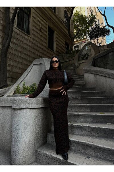 Friday Mood Women's Leopard Print Woolen Skirt&Crop Set