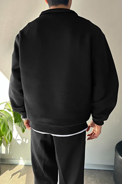 Flaw Wear Μαύρο φούτερ με μισό φερμουάρ Oversize Polo Neck
