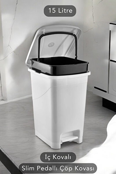 Carat Home İç Kovalı Slim Pedallı Banyo Mutfak Çöp Kovası - 15 Litre - Beyaz