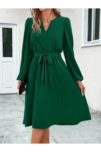 TUA MODA TUA MODA Γυναικείο μακρυμάνικο κρεπ φόρεμα με λαιμόκοψη V με ζώνη στη μέση