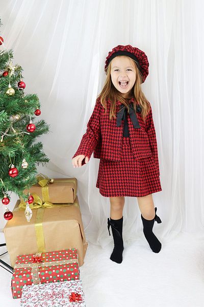 Parla Kids Girl's Martha Red Black Houndstooth Patterned Long Sleeve Bottom Top Skirt Jacket Set