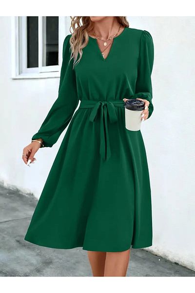 TUA MODA TUA MODA Γυναικείο μακρυμάνικο κρεπ φόρεμα με λαιμόκοψη V με ζώνη στη μέση