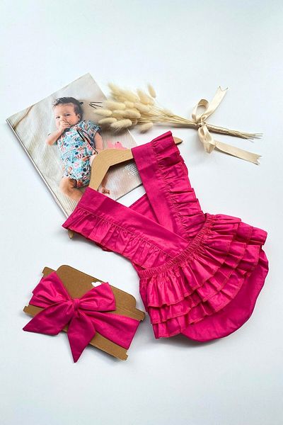 Parla Kids Baby Girl Pink Cotton Salopet Bandana Set