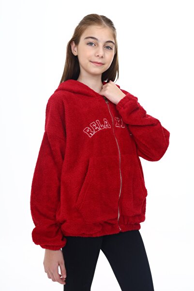 Toontoy Girl's Hooded Zippered Pockets Off Shoulder Embroidery Printed Plush Cardigan