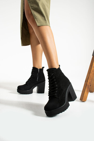 Gökçe Shoes Vanessa Siyah Süet Platform Taban Bağcıklı Kadın Topuklu Bot
