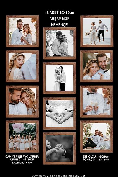 Bytwo 12 Pieces 15x15 Frame - Square Frame - MDF Kemençe Frame - Multiple Photo Frame Set