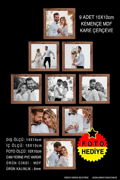 Bytwo 9 Pieces 10X10 Frame - Square Frame - Mdf Kemenche Frame - Multiple Photo Frame Set