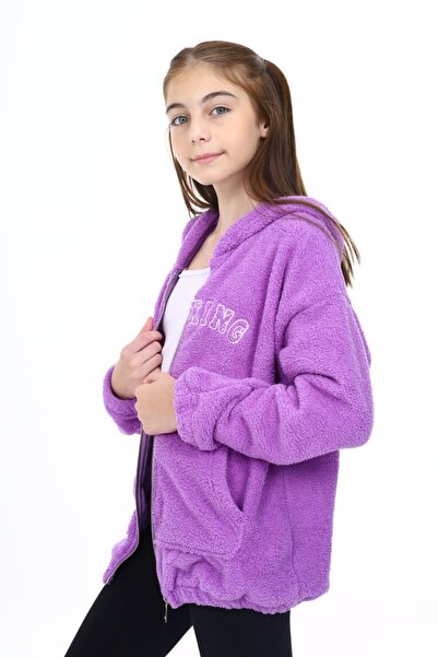 Toontoy Girl's Hooded Zippered Pockets Off Shoulder Embroidery Printed Plush Cardigan