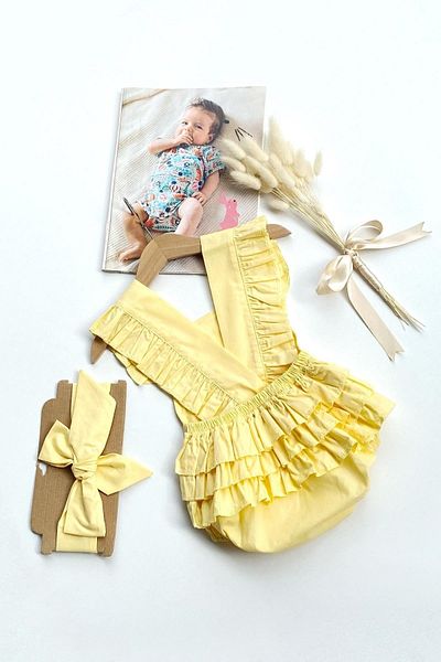 Parla Kids Baby Girl Yellow Cotton Salopet Bandana Set