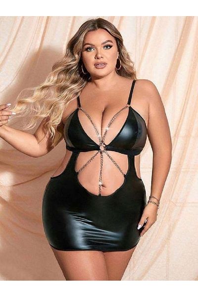Bleu Petite Costum negru de lux din piele artificială cu detaliu de lanț