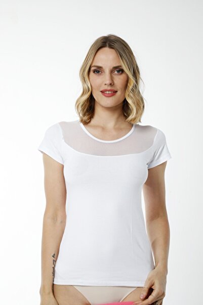 Hmd 2436 White 3-Piece Cotton Comfortable Texture Chest Tulle Detailed Short Sleeve Women's Athlete
