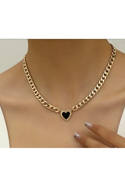 Butik SİYAH KALP ZİNCİR DETAYLI ŞIK KOLYE