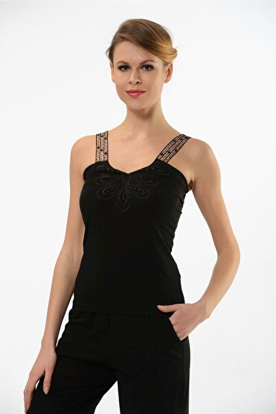 Hmd 2444 Чорна бавовняна зручна тканина з візерунком на грудях та мереживною бретелькою, жіноча майка