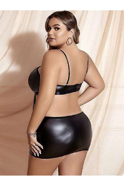 Bleu Petite Costum negru de lux din piele artificială cu detaliu de lanț