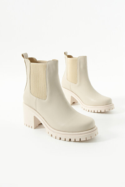 Gökçe Shoes Arina Krem Çift Lastik Detay Kadın Topuklu Ayakkabı