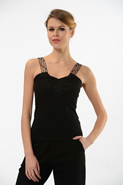 Hmd 2444 Чорний 3-х частинний бавовняний майка з мереживними бретелями та візерунком на грудях