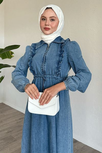 InStyle Rochie din denim albastru gheață cu detaliu cu volane