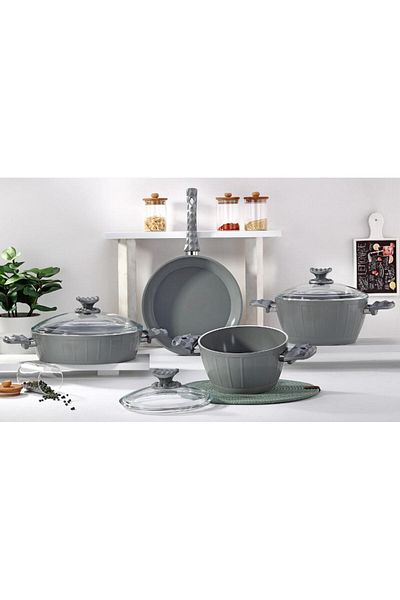 AVCI HOME MAKER 7-Piece Farah Cookware Set, Tempered Glass Lids, Non-Stick Ceramic Surface, PFOA Free - Grey
