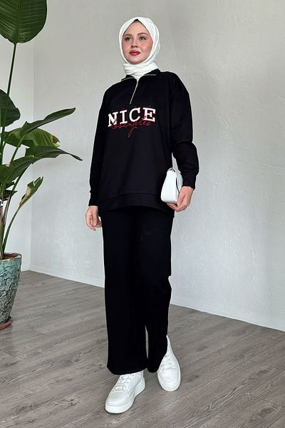 InStyle Nice Written Zippered Black Double Set