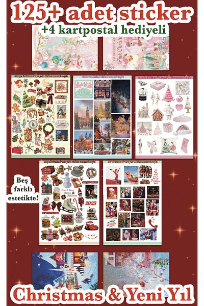 merccuri crafts Christmas 5-Piece Aesthetic Sticker Set (125+Pcs) New Year Postcard Gift Journal Sticker