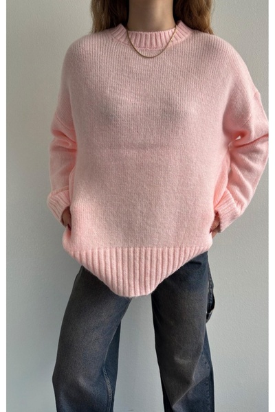 fujya Pulover de damă cu guler rotund oversize Candy Pink Tricot