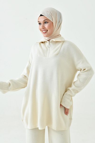 4S1B FASHION Κρεμ πλεκτό Hijab Σετ με ψηλόμεσο και πουλόβερ - 7000