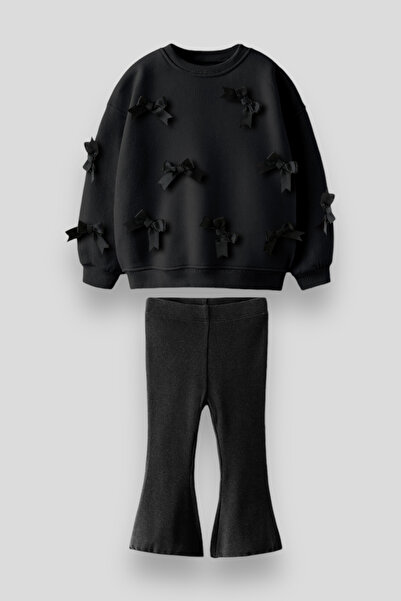 Magu Bow Detailed Cotton Sweatshirt Spanish Leggings Bottom-Top Set Girl's