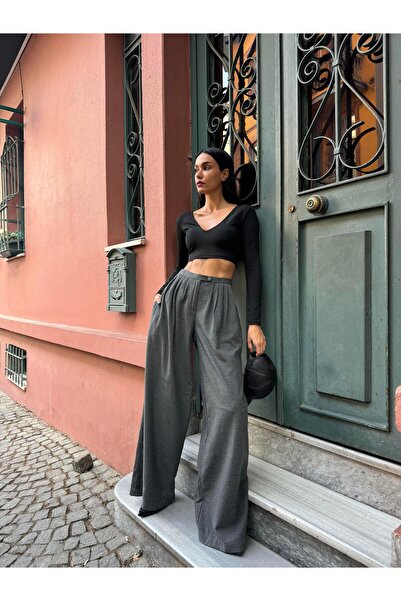 minaaise بنطال نسائي ذو قصة واسعة باللون الرمادي ذو ثنيات من البوليفيسكوز 28261