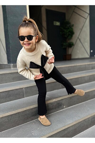 Magu Knitwear Bow Detailed Sweater Leggings Bottom-Top Set Girl's