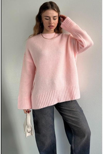 fujya سترة تريكو نسائية ذات رقبة دائرية كبيرة الحجم باللون الوردي الحلو